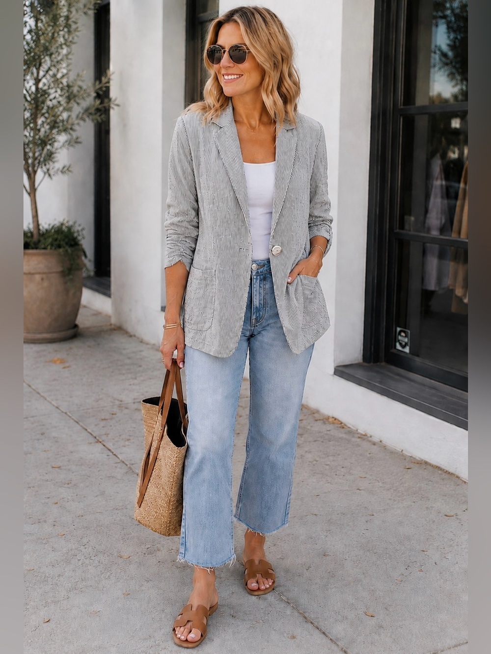 Max Studio Jacket Stripe Linen Blend Ruched Sleeve Oversized